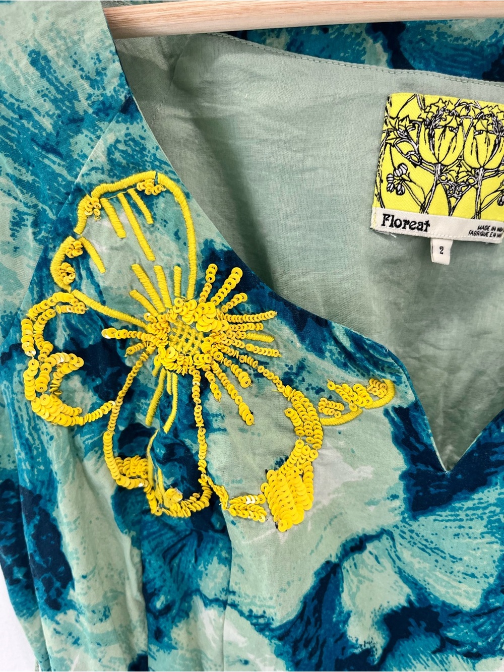 ANTHROPOLOGIE Floreat Floral Sleeveless Dress in Blue with Yellow Embroidery - Picture 3 of 11
